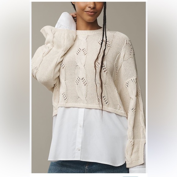 Pilcro twofer Cable Knit Sweater with attached button down and cuffs - Picture 1 of 5